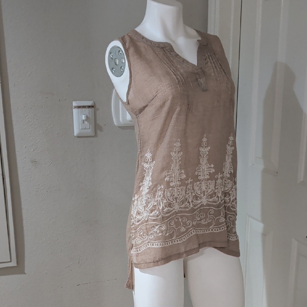 Retrology Sheer Sleeveless Embroidered Tunic Top - Taupe Women's Large - Picture 4 of 7